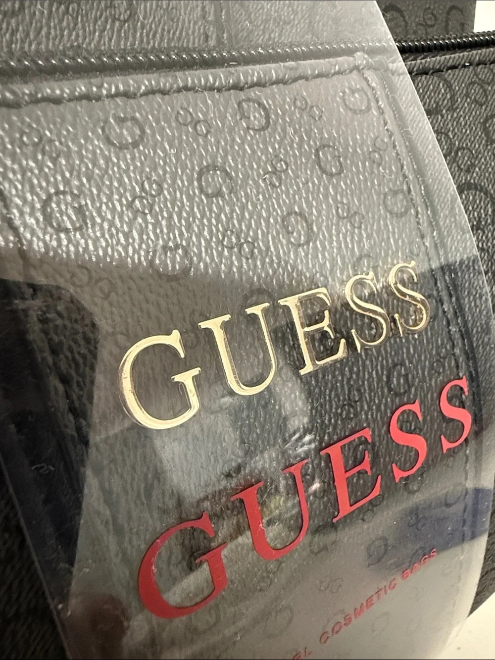 Guess Embossed Cosmetic Pouch Bag 2 pcs Set Full Zipper Black With Print logo